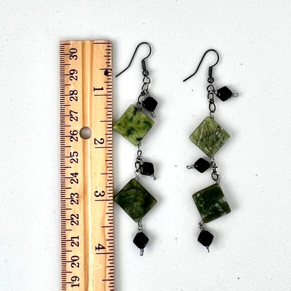 Handcrafted Green Jade & Black Onyx Dangle Earrings 4" BOHO Style EUC - Picture 3 of 3